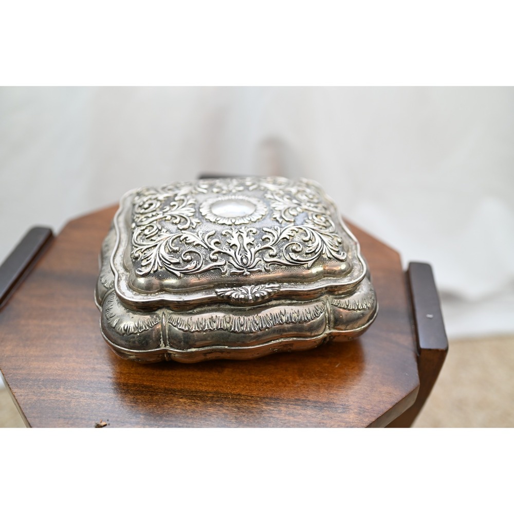 Vintage Silver Plated Jewelry Box Red Velvet Lined Ornate Repousse Floral Box